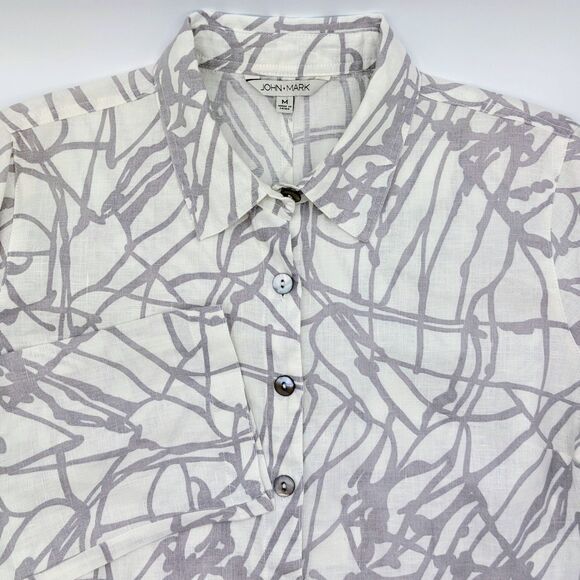 John Mark Linen Button Up Tunic Shirt Size Medium Roll Tab Sleeves Artsy Modern - Picture 1 of 9